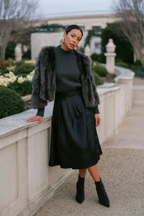 A woman wears a chic charcoal sweater tucked into a black A-line midi skirt, paired with heeled boots and a soft faux-fur jacket