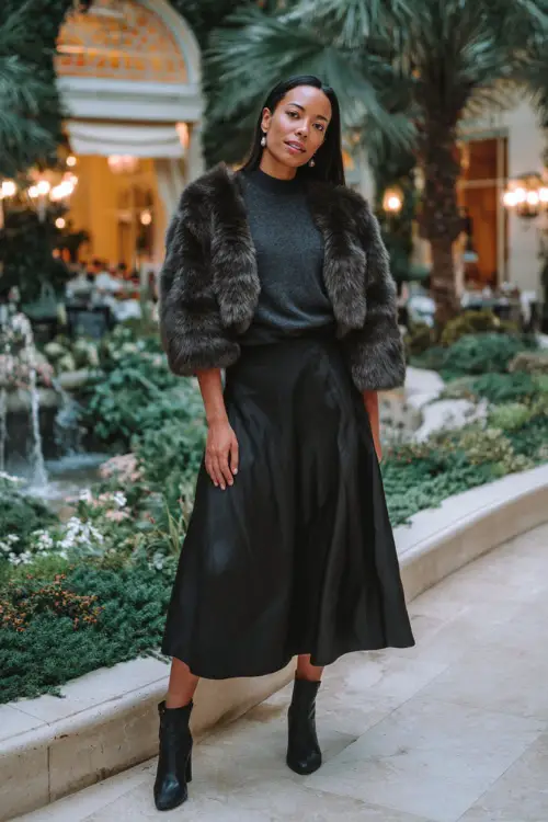 A woman wears a chic charcoal sweater tucked into a black A-line midi skirt, paired with heeled boots and a soft faux-fur jacket