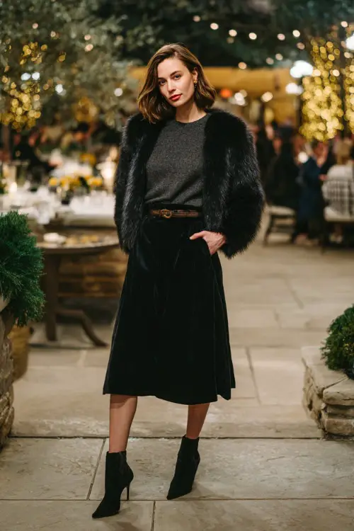 A woman wears a chic charcoal sweater tucked into a black A-line midi skirt, paired with heeled boots and a soft faux-fur jacket