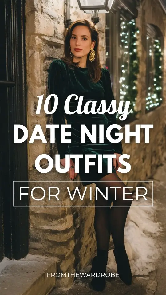 A woman wears a classy winter date night outfit with a deep green velvet dress with long sleeves, sheer black tights, gold earrings, and heeled boots