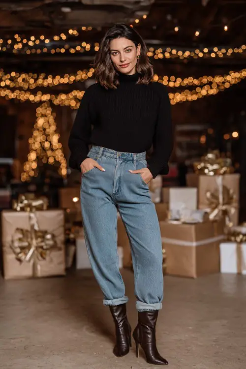 A woman wears a cozy black crewneck, relaxed jeans, heeled leather boots, standing full body in a casual indoor party scene with gift boxes and elegant Christmas lights softly blurred far behind 