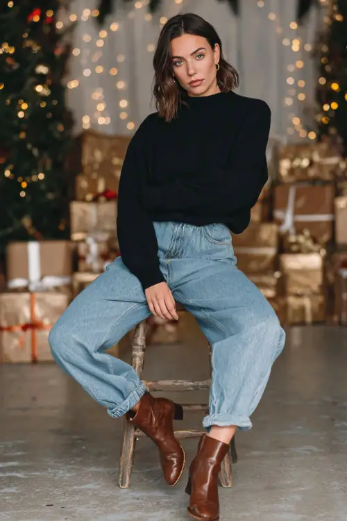 A woman wears a cozy black crewneck, relaxed jeans, heeled leather boots, standing full body in a casual indoor party scene with gift boxes and elegant Christmas lights softly blurred far behind 