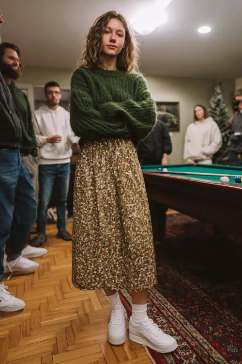 A woman wears a cozy green sweater, festive patterned skirt, and white sneakers, standing full body in a casual Christmas game-night party with friends