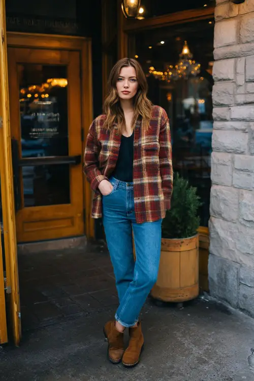 A woman wears a cozy plaid shacket layered over a fitted long-sleeve top, straight jeans, and suede ankle boots, posing near a winter-lit café entrance