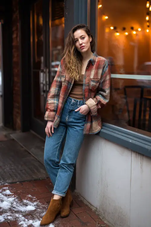 A woman wears a cozy plaid shacket layered over a fitted long-sleeve top, straight jeans, and suede ankle boots, posing near a winter-lit café entrance