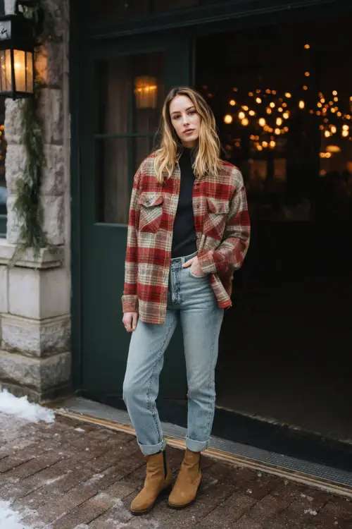 A woman wears a cozy plaid shacket layered over a fitted long-sleeve top, straight jeans, and suede ankle boots
