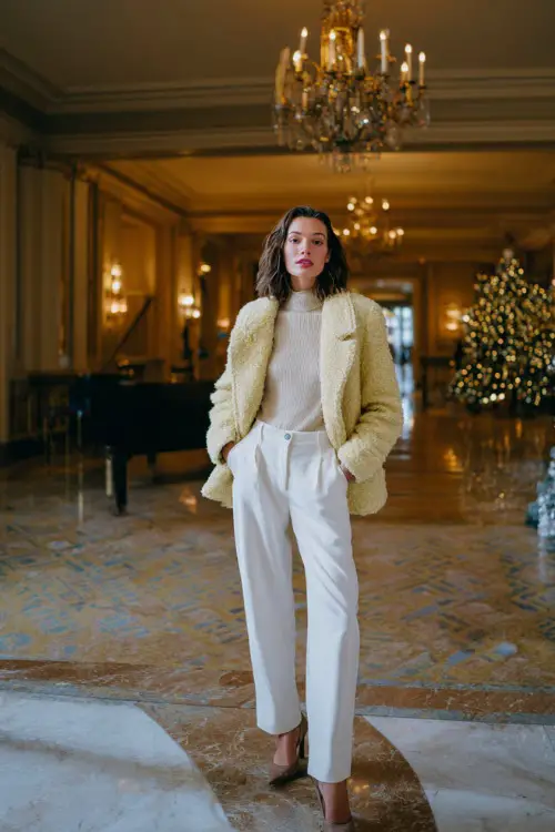 A woman wears a cream boucle jacket over an ivory knit top and winter white trousers, paired with low heels