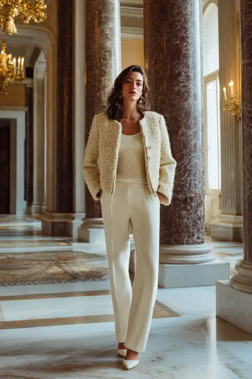 A woman wears a cream boucle jacket over an ivory knit top and winter white trousers, paired with low heels, standing full body in a marble-floored grand foyer decorated for winter 