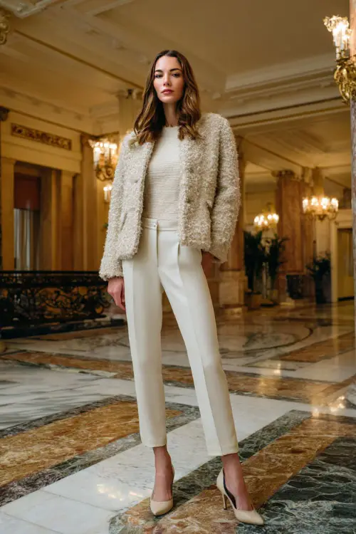A woman wears a cream boucle jacket over an ivory knit top and winter white trousers, paired with low heels, standing full body in a marble-floored grand foyer decorated for winter