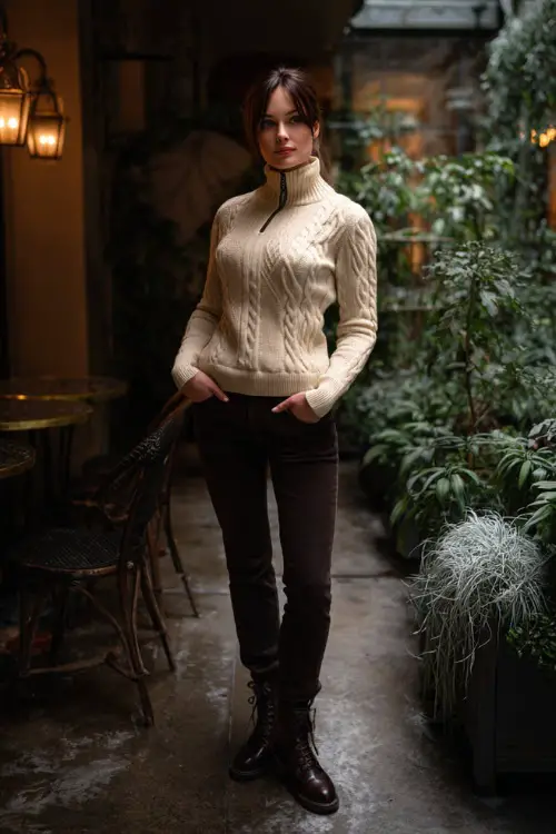 A woman wears a cream half-zip sweater with tailored dark jeans, loafers, and leather gloves, standing full body in a quiet winter courtyard café with frosty plants