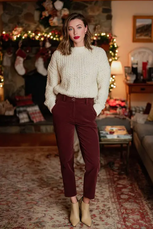 A woman wears a cream knit sweater tucked into burgundy straight-leg pants, ankle boots with a heel, full body framing at a cozy house Christmas party with warm décor