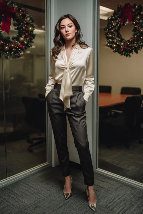 A woman wears a cream satin blouse, charcoal tailored pants, metallic pumps, posed full body in a conference room turned Christmas party space with wreaths on glass walls 