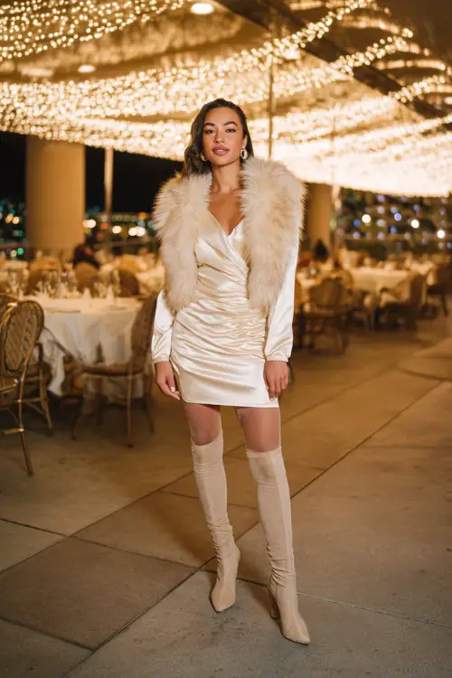 A woman wears a cream satin long-sleeve mini dress with tights, heeled boots, and a faux-fur stole, standing near a fancy winter dining venue decorated with lights 