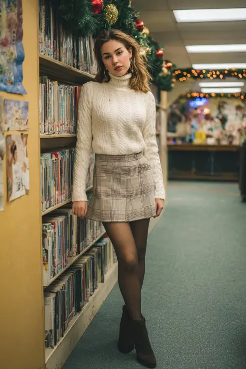 A woman wears a cream turtleneck sweater, plaid A-line skirt, opaque tights, and ankle boots, standing full body in a school library corner with festive garland and holiday crafts 