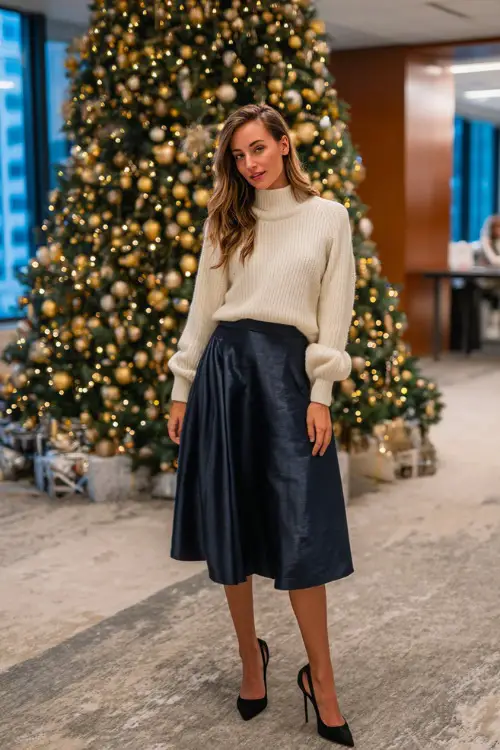A woman wears a cream wool sweater tucked into a navy midi skirt, black pumps, full body framing in an office event corner with a tall Christmas tree and soft gold lights behind her 