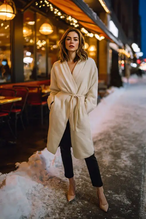 A woman wears a cream wrap sweater with a belted waist, slim black trousers, pointed-toe heels, and a soft beige long coat, walking on a snowy city sidewalk lit by warm restaurant lights