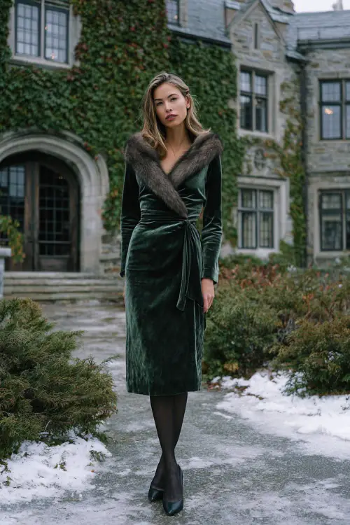 A woman wears a dark green velvet midi dress with long sleeves, a fur stole draped over her shoulders, black tights, and classic leather heels