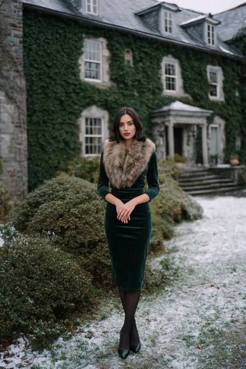 A woman wears a dark green velvet midi dress with long sleeves, a fur stole draped over her shoulders, black tights, and classic leather heels