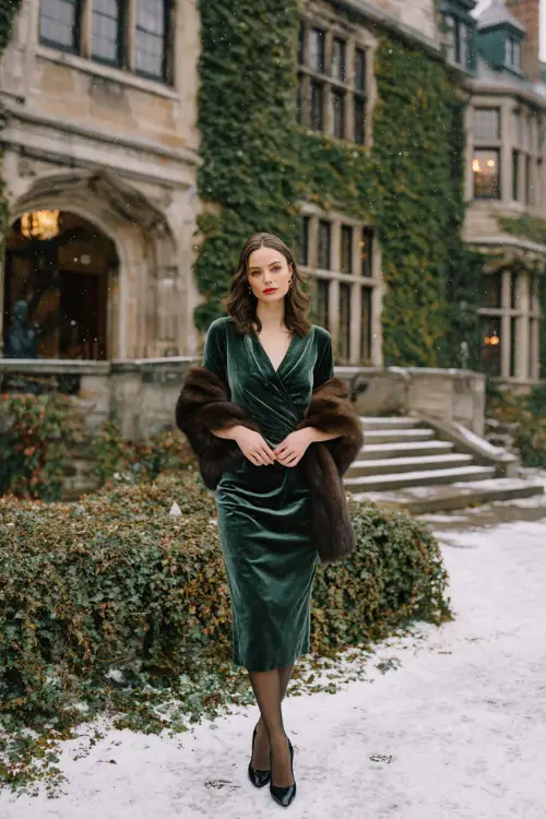A woman wears a dark green velvet midi dress with long sleeves, a fur stole draped over her shoulders, black tights, and classic leather heels