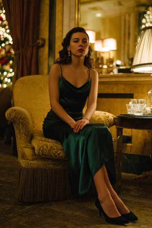 A woman wears a deep emerald satin midi dress, pearl drop earrings, and black pointed heels, standing full body in a refined Christmas party lounge with warm golden lights 