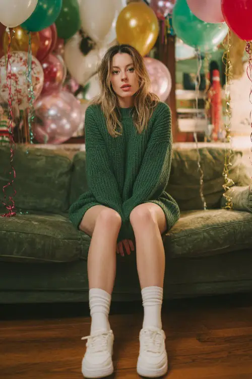 A woman wears a deep green knit sweater dress at casual length, crew socks, white leather sneakers, full body in a playful living room party scene decorated for Christmas with balloons and ribbons