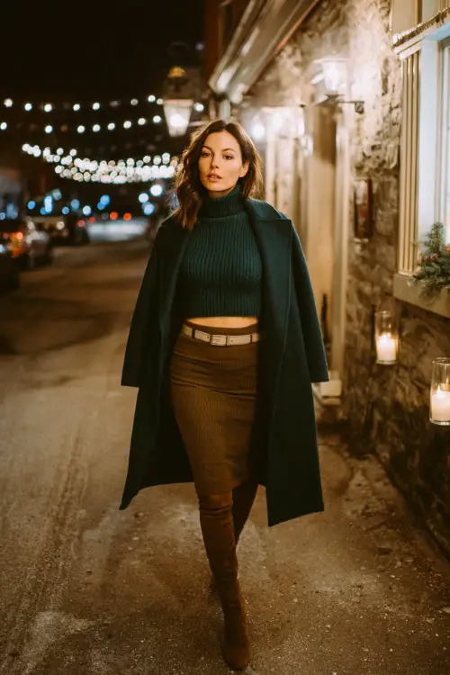 A woman wears a deep green knit top with a high-waisted midi skirt, paired with knee-high suede boots and a belted wool coat