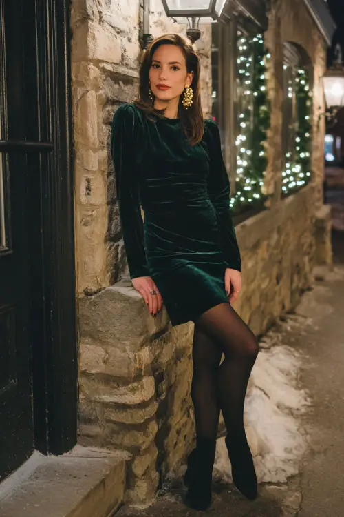 A woman wears a deep green velvet dress with long sleeves, sheer black tights, gold earrings, and heeled boots, posing beside a candlelit restaurant entrance on a cold winter night 