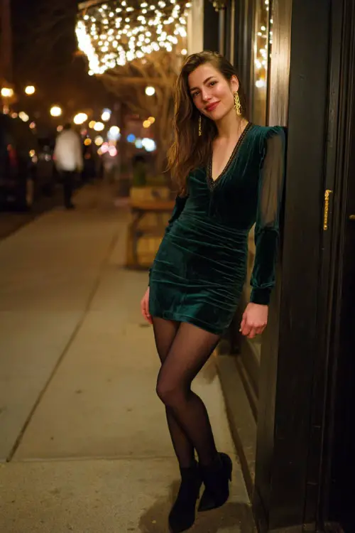 A woman wears a deep green velvet dress with long sleeves, sheer black tights, gold earrings, and heeled boots, posing beside a candlelit restaurant entrance on a cold winter night