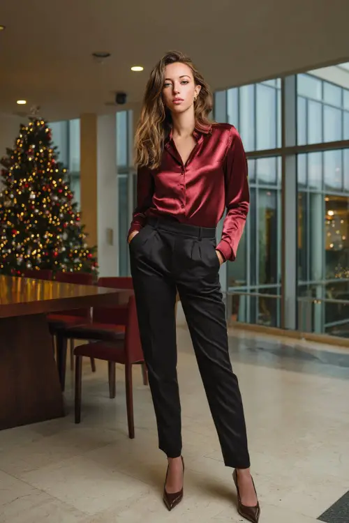 A woman wears a deep red satin blouse, black tailored trousers, pointed low heels, standing full body in a modern office party area with a decorated Christmas tree near the meeting table