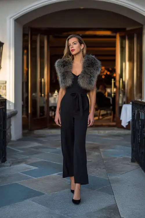 A woman wears a fitted black jumpsuit with a cinched waist, topped with a luxurious faux-fur stole and sleek heels