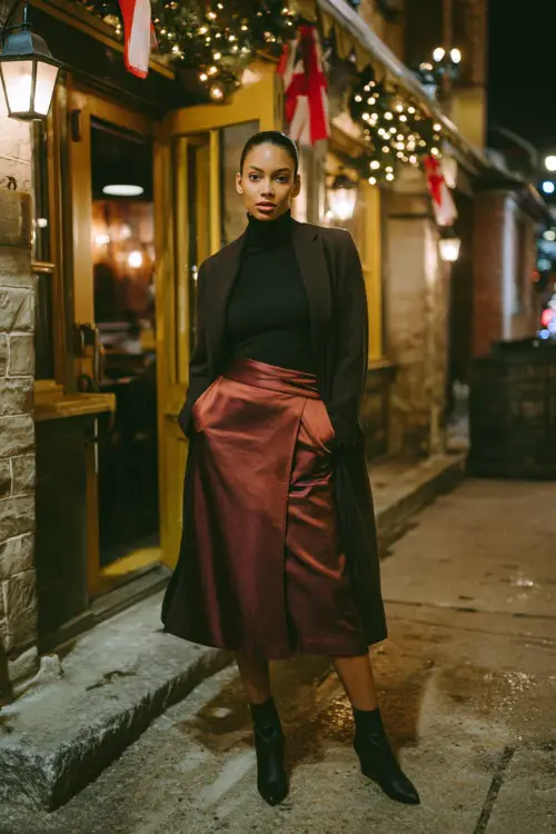 A woman wears a fitted black turtleneck tucked into a satin burgundy midi skirt, paired with heeled ankle boots and a tailored wool coat, standing outside a cozy winter restaurant at night