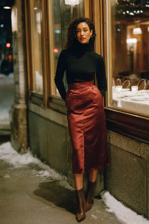 A woman wears a fitted black turtleneck tucked into a satin burgundy midi skirt, paired with heeled ankle boots and a tailored wool coat