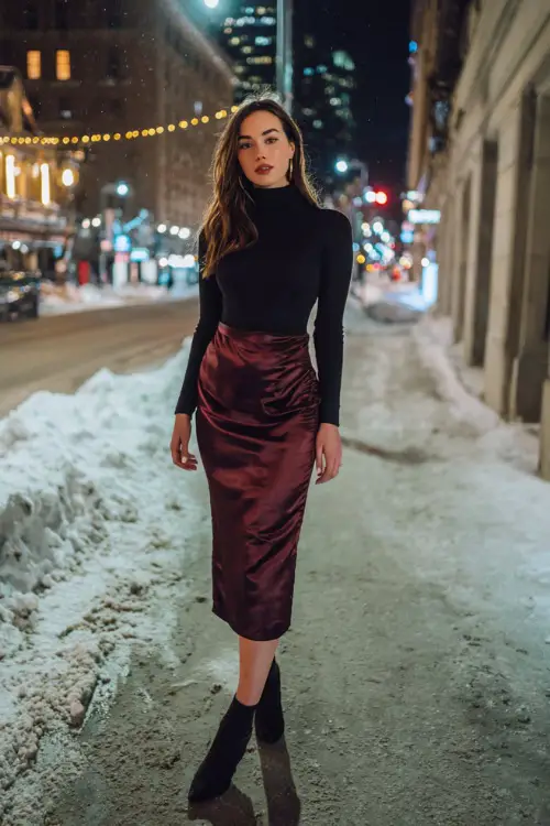 A woman wears a fitted black turtleneck tucked into a satin midi skirt in deep burgundy, paired with heeled ankle boots and a long wool coat