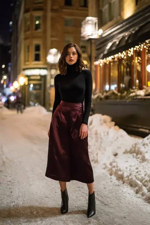 A woman wears a fitted black turtleneck tucked into a satin midi skirt in deep burgundy, paired with heeled ankle boots and a long wool coat