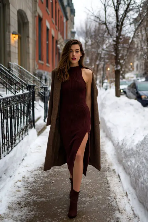A woman wears a fitted burgundy knit dress with a side slit, paired with ankle boots and a long tailored coat 