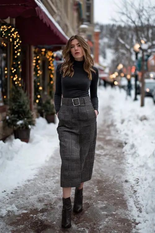 A woman wears a fitted charcoal mock-neck top paired with a plaid wool midi skirt, heeled boots, and a belted trench coat