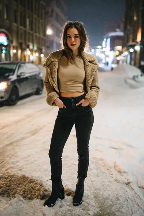 A woman wears a fitted long-sleeve top layered under a cropped shearling jacket, paired with black jeans and sleek ankle boots, standing on a snowy city block at night