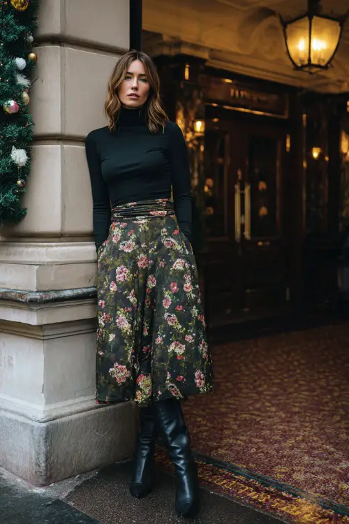 A woman wears a fitted long-sleeve top tucked into a dark floral midi skirt, paired with heeled boots and a tailored coat