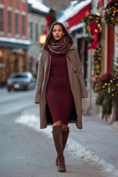 A woman wears a fitted ribbed sweater dress in wine red, paired with knee-high suede boots, a soft scarf, and a belted wool coat, walking on a decorated winter street before dinner