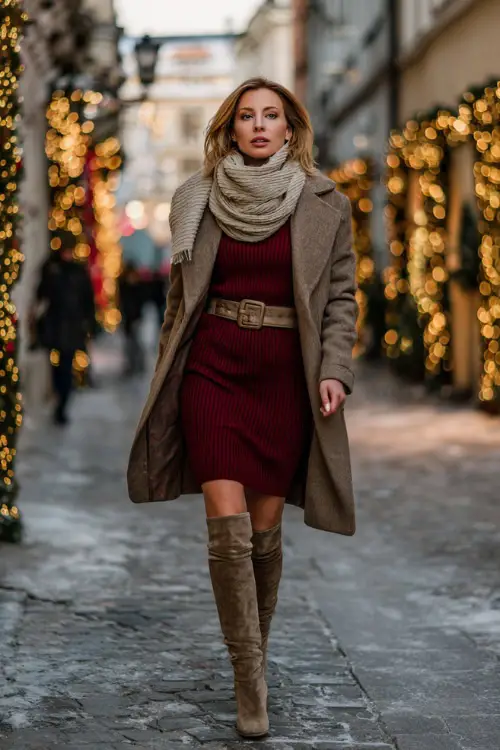 A woman wears a fitted ribbed sweater dress in wine red, paired with knee-high suede boots, a soft scarf, and a belted wool coat, walking on a decorated winter street before dinner