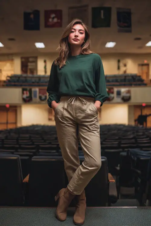 A woman wears a forest green long-sleeve blouse, straight-leg khaki pants, comfortable heeled boots, full body in an auditorium with student-made Christmas banners hanging behind 