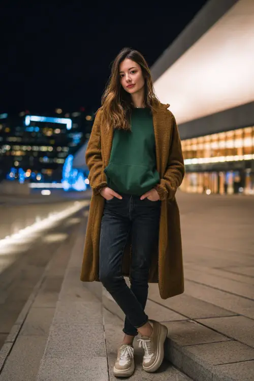 A woman wears a forest-green sweatshirt with a long wool coat, slim dark jeans, and platform sneakers, posing near a modern winter city plaza at night