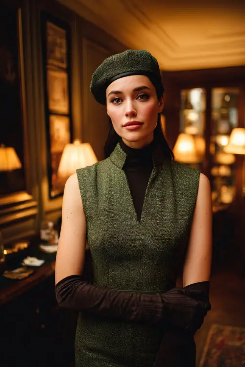 A woman wears a forest green tweed dress with a fitted waist, matching beret, and long black gloves, full body in front of a private members club with warm light glowing from inside