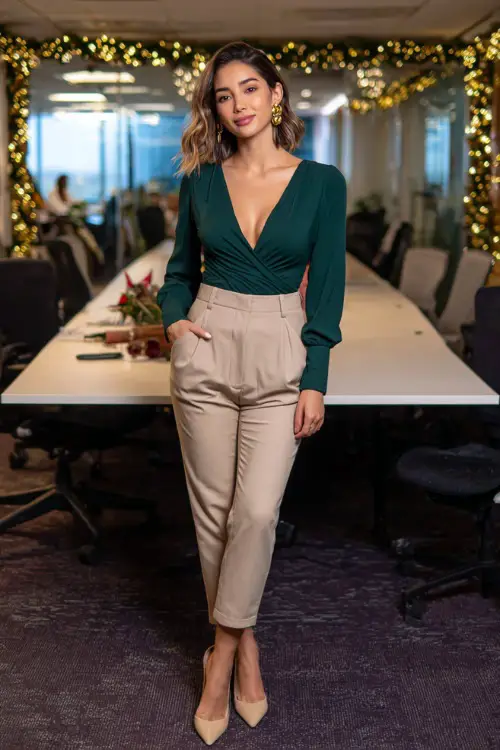 A woman wears a forest green wrap top, beige straight pants, small gold earrings, leather pumps, full body portrait in an office lounge with subtle Christmas garlands and warm lighting 