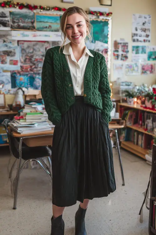A woman wears a green cable-knit cardigan over a white blouse, pleated black midi skirt, and comfortable block-heel boots 