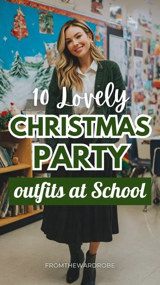 A woman wears a green cable-knit cardigan over a white blouse, pleated black midi skirt, and comfortable block-heel boots outfit for a Christmas party outfit at school