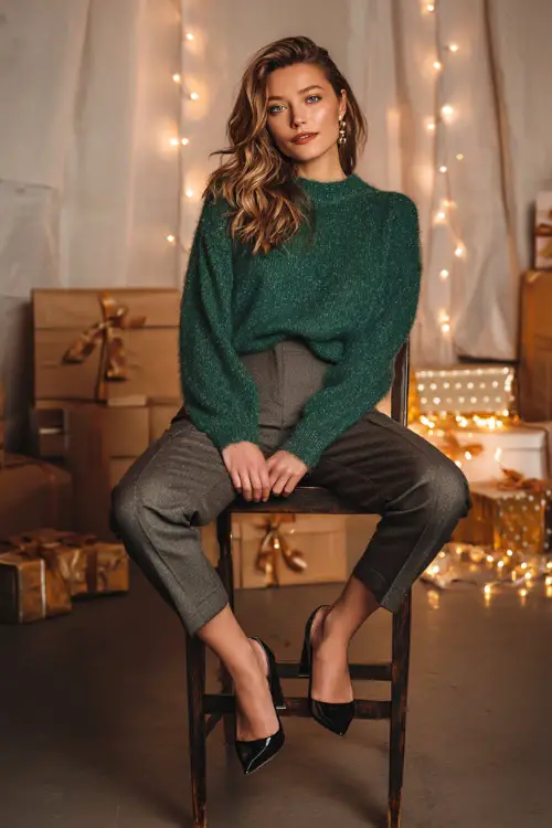 A woman wears a green knit sweater with subtle shimmer, charcoal slim trousers, leather block heels, posed full body in a cozy party environment with fairy lights and gift boxes