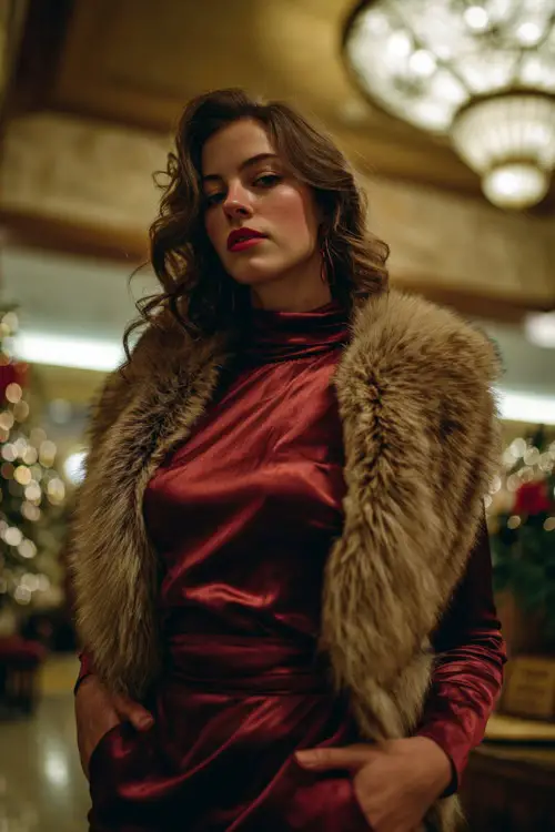 A woman wears a high-neck long-sleeve satin dress in deep red, layered with a fur-trimmed coat, full body in a luxurious hotel lobby with winter decor and golden chandeliers