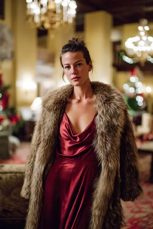 A woman wears a high-neck long-sleeve satin dress in deep red, layered with a fur-trimmed coat, full body in a luxurious hotel lobby with winter decor and golden chandeliers 