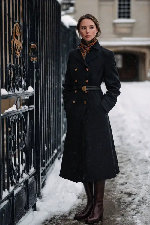 A woman wears a long black double-breasted coat cinched at the waist, paired with leather riding boots and a silk scarf, standing full body beside a wrought iron gate dusted with snow